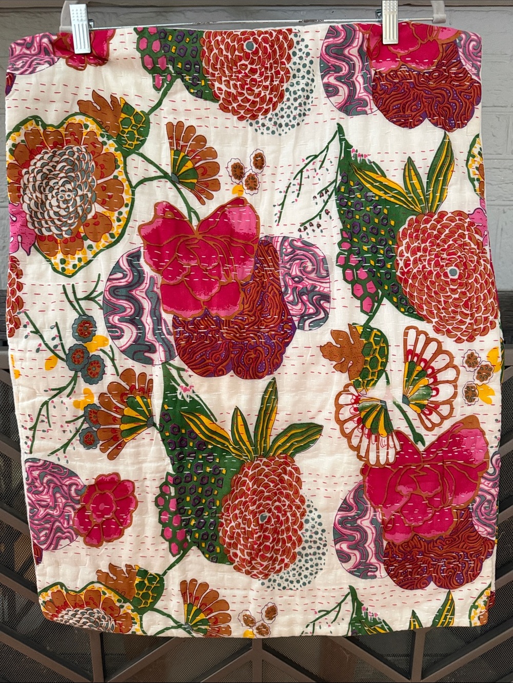 2 Vibrant Floral Quilted Pillow Cover in Pink and Green